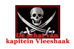 Afbeelding van een piratenvlag met de titel: De schat van kapitein Vleeshaak.